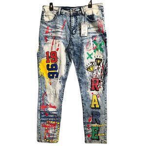 NWT Rue21 Premium Supreme Flex Skinny Graphic Comic Print Distressed Jeans 34x30